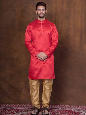 Red dupion kurta for men with solid print 5