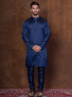 Navy blue dupion kurta for men with solid print 1