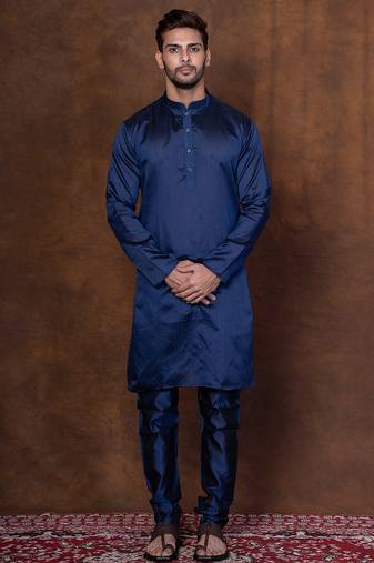 Navy blue dupion kurta for men with solid print