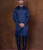 Navy blue dupion kurta for men with solid print