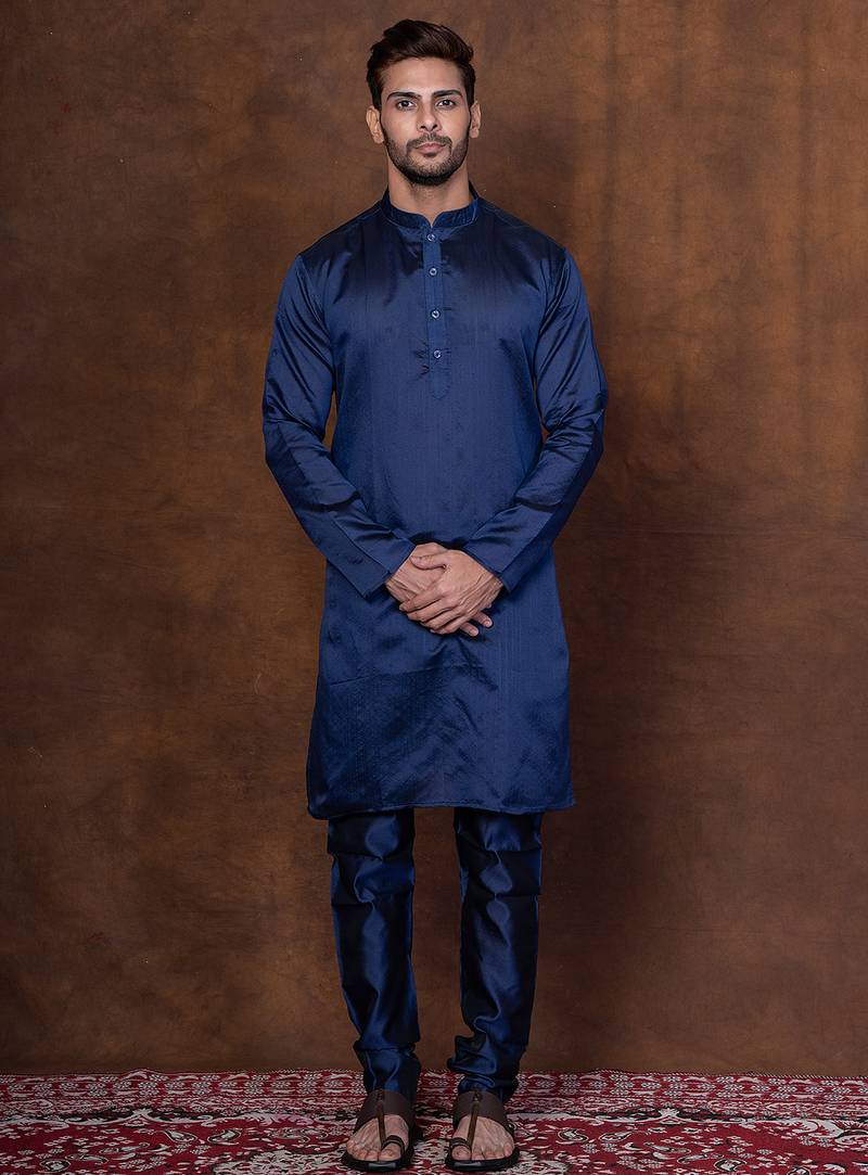 Navy blue dupion kurta for men with solid print