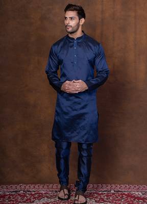 Navy blue dupion kurta for men with solid print 3
