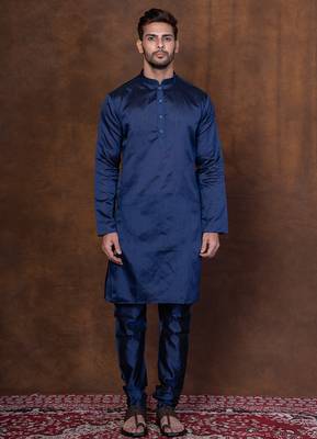 Navy blue dupion kurta for men with solid print 5