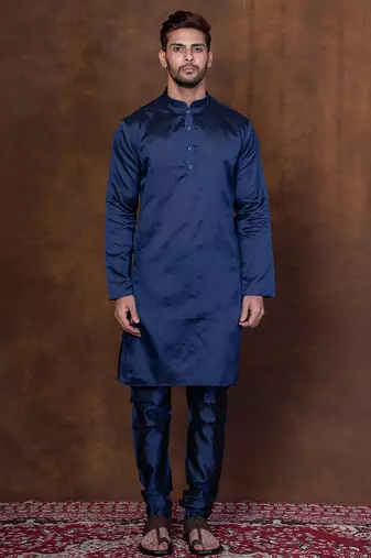 Navy blue dupion kurta for men with solid print
