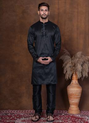 Black dupion kurta for men with solid print 1