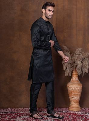 Black dupion kurta for men with solid print 2