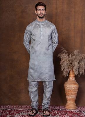 Grey dupion kurta for men with solid print 1