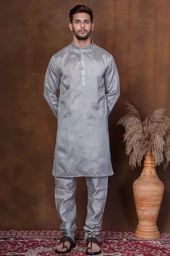 Grey dupion kurta for men with solid print
