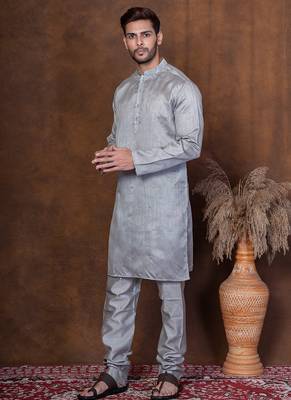 Grey dupion kurta for men with solid print 3