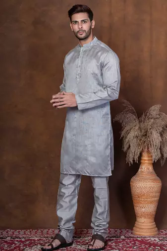 Grey dupion kurta for men with solid print