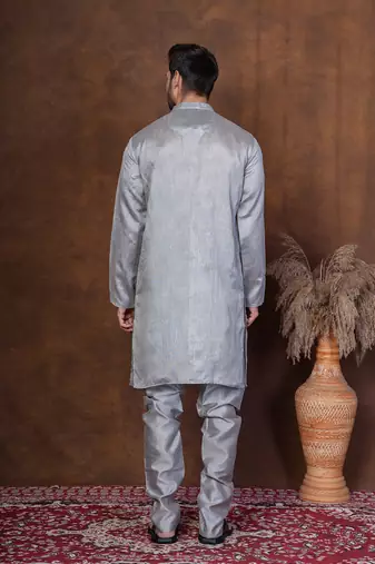 Grey dupion kurta for men with solid print