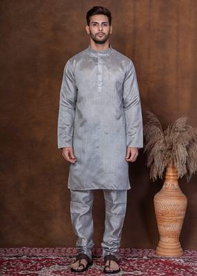 Grey dupion kurta for men with solid print 5