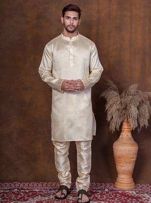 Grey dupion kurta for men with solid print 1