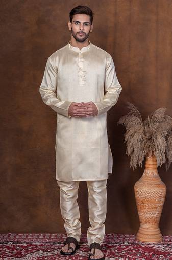 Grey dupion kurta for men with solid print