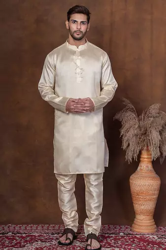 Grey dupion kurta for men with solid print