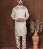 Grey dupion kurta for men with solid print