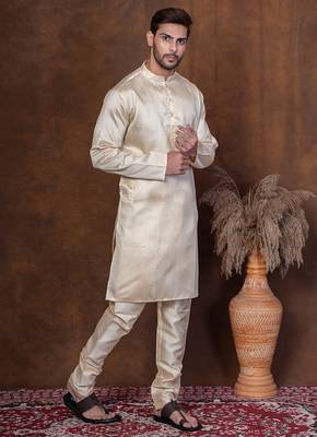 Grey dupion kurta for men with solid print 2