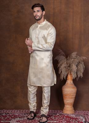 Grey dupion kurta for men with solid print 3