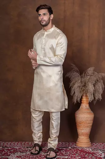 Grey dupion kurta for men with solid print