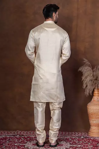Grey dupion kurta for men with solid print