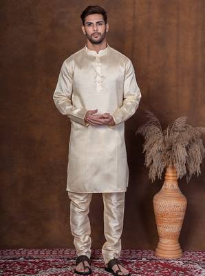Grey dupion kurta for men with solid print 5