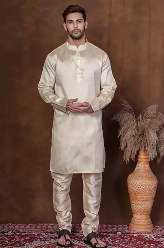 Grey dupion kurta for men with solid print