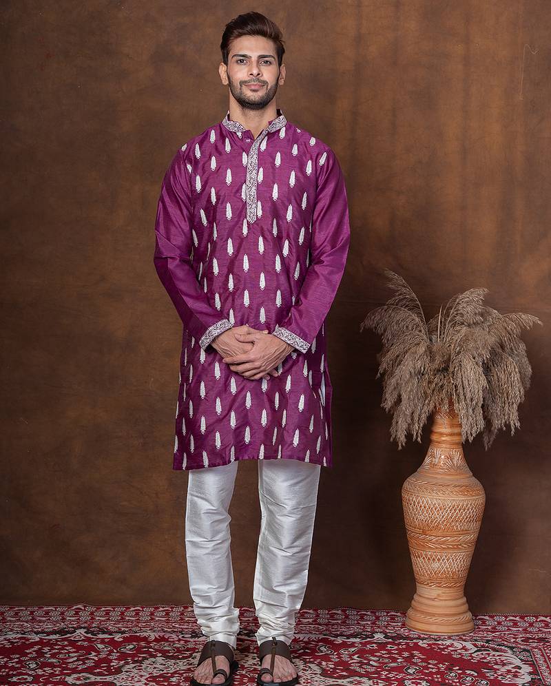 Purple dupion kurta for men with embroidered work