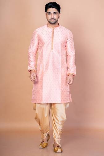 Pink dupion kurta for men with embroidered work