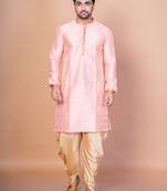 Pink dupion kurta for men with embroidered work