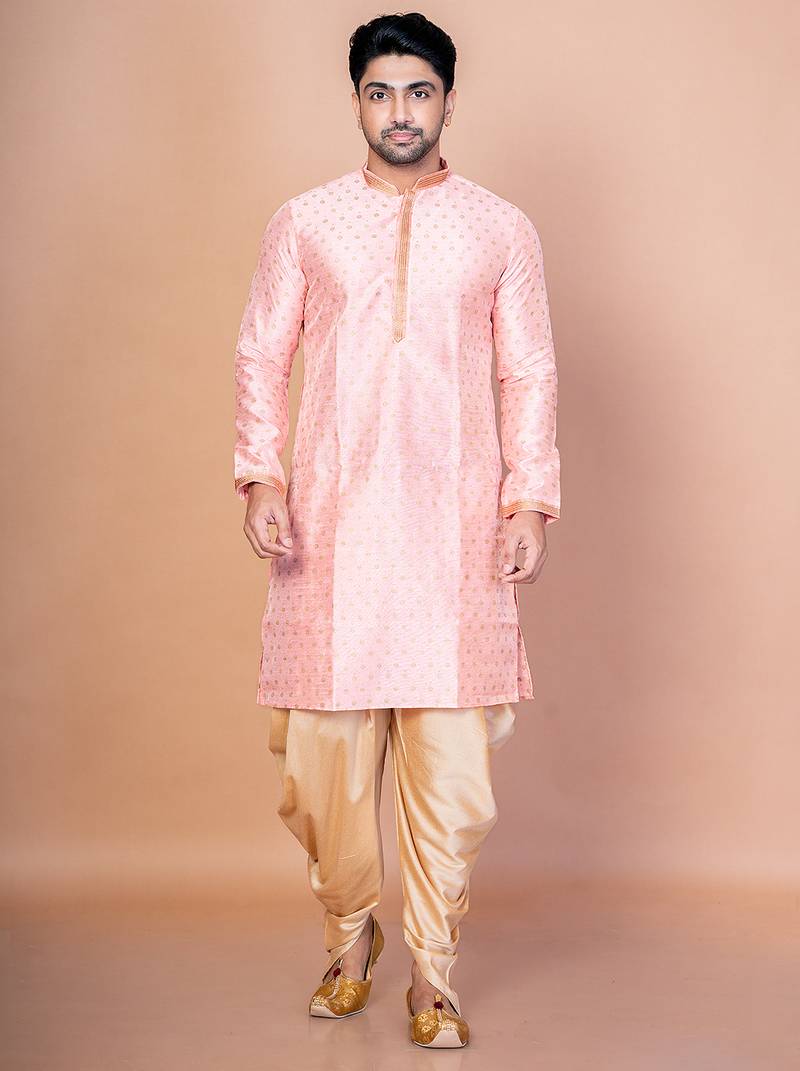 Pink dupion kurta for men with embroidered work