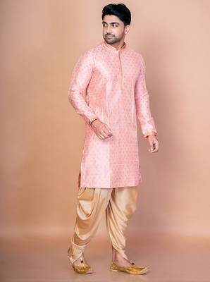 Pink dupion kurta for men with embroidered work 2