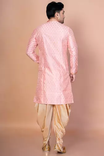Pink dupion kurta for men with embroidered work