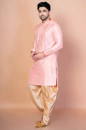 Pink dupion kurta for men with embroidered work