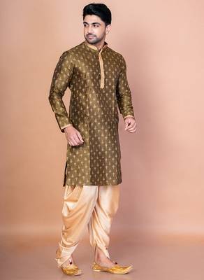 Green dupion kurta for men with embroidered work 2