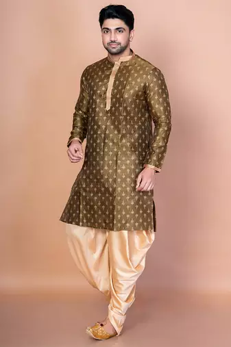 Green dupion kurta for men with embroidered work