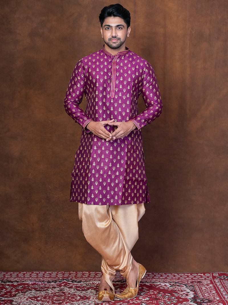 Purple dupion kurta for men with embroidered work