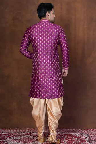 Purple dupion kurta for men with embroidered work
