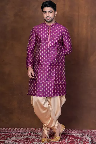 Purple dupion kurta for men with embroidered work