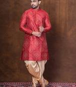 Red dupion kurta for men with embroidered work