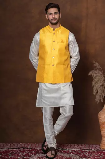Golden silk blend kurta jacket churidar set for men with embroidered work
