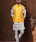 Golden silk blend kurta jacket churidar set for men with embroidered work