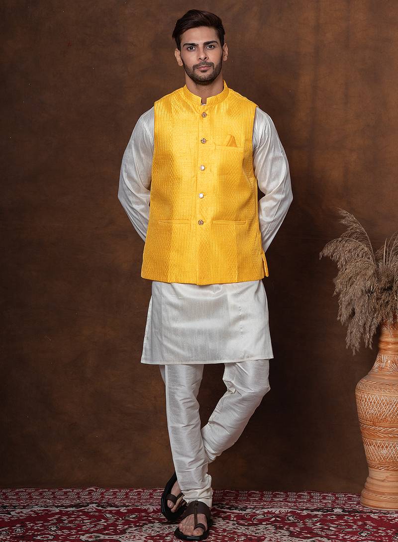 Golden silk blend kurta jacket churidar set for men with embroidered work