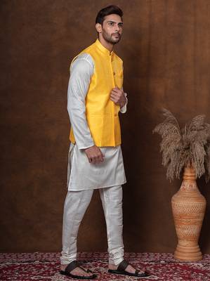 Golden silk blend kurta jacket churidar set for men with embroidered work 2