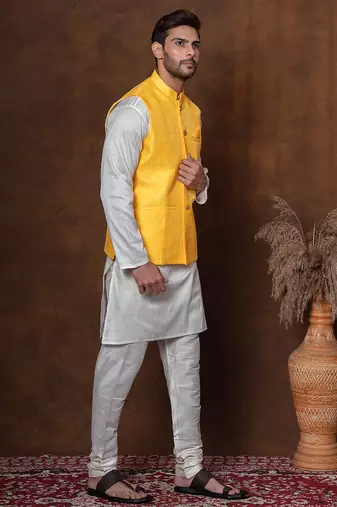 Golden silk blend kurta jacket churidar set for men with embroidered work