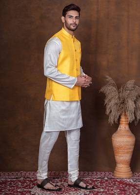 Golden silk blend kurta jacket churidar set for men with embroidered work 3