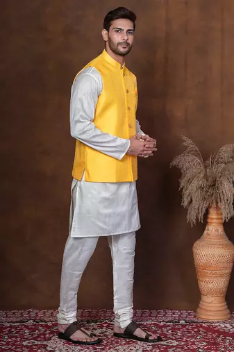 Golden silk blend kurta jacket churidar set for men with embroidered work