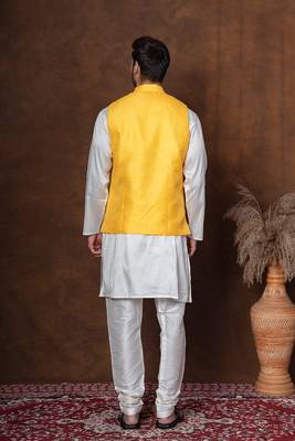 Golden silk blend kurta jacket churidar set for men with embroidered work 4