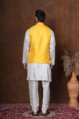 Golden silk blend kurta jacket churidar set for men with embroidered work