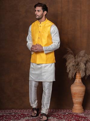 Golden silk blend kurta jacket churidar set for men with embroidered work 5
