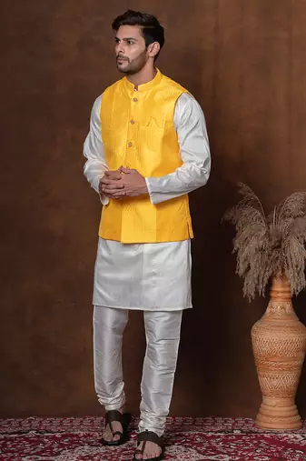 Golden silk blend kurta jacket churidar set for men with embroidered work